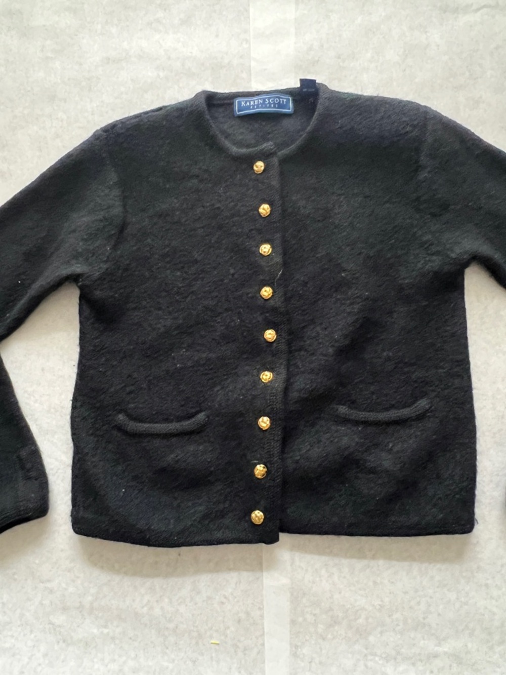 Karen Scott Black Wool Cardigan with Gold-Tone Buttons